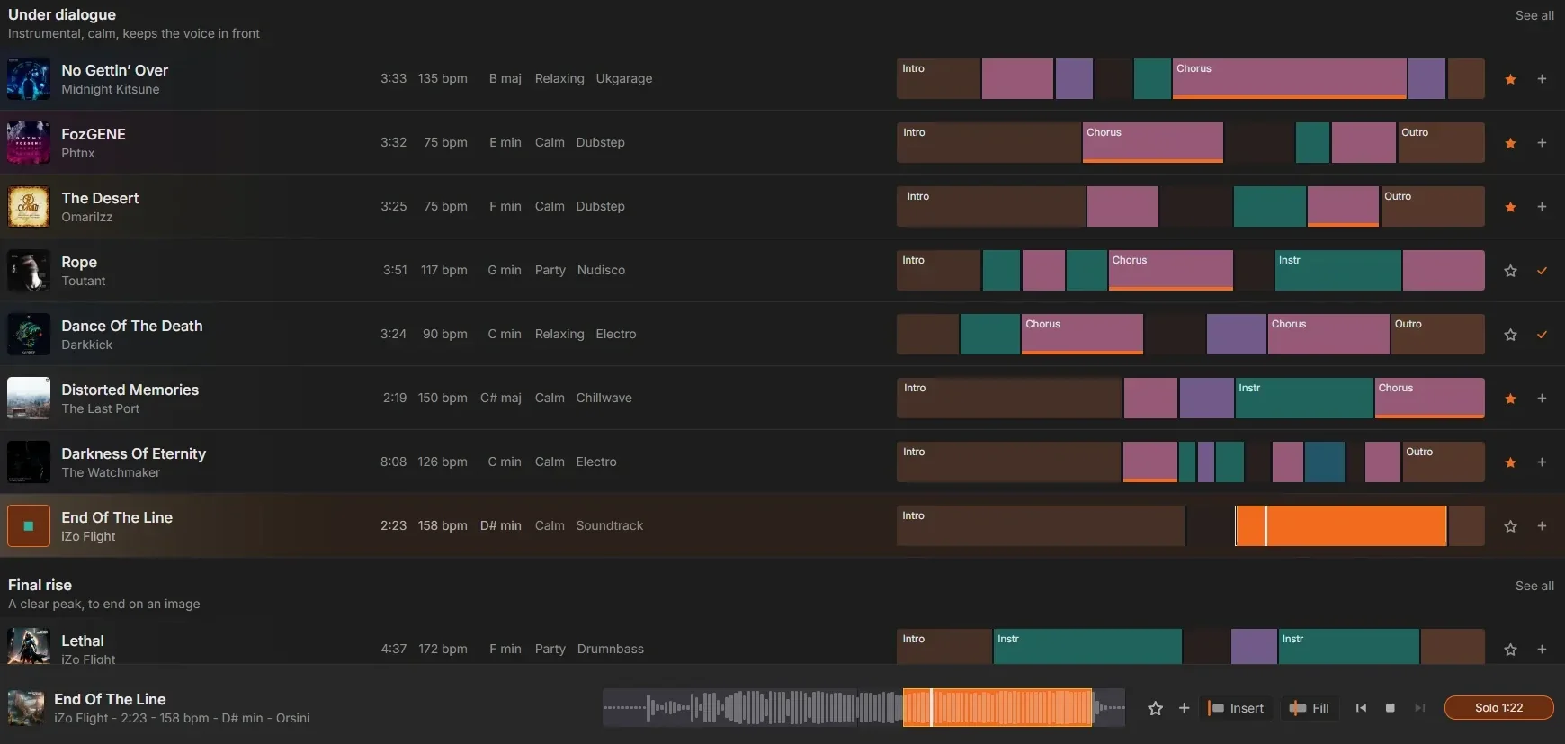 The Songfindr panel listing tracks, each with its song structure