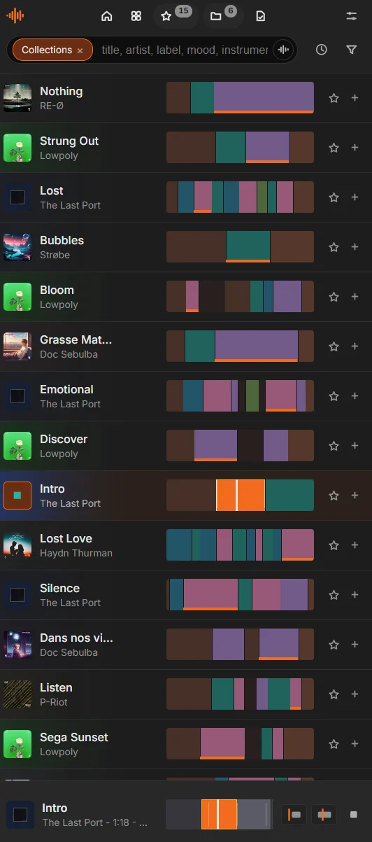 The Songfindr panel open inside a video editor, listing tracks with their structure