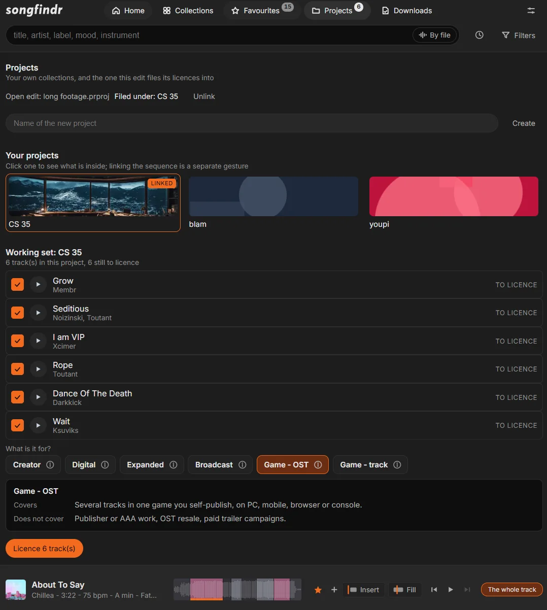 The Projects page of the Songfindr panel, with tracks ready to licence