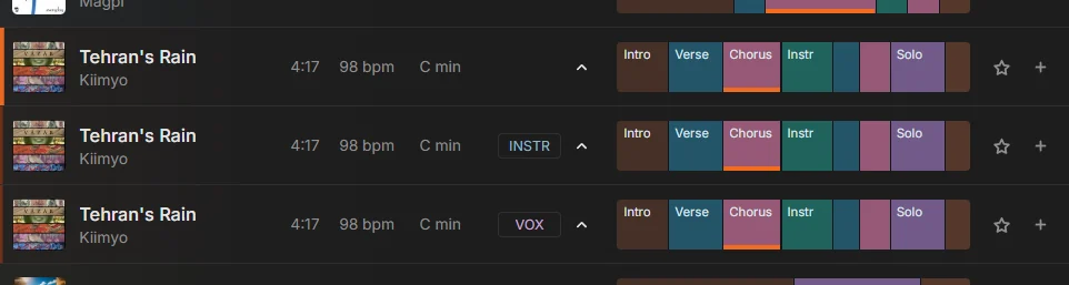 A track in the Songfindr panel with its instrumental and vocal versions unfolded